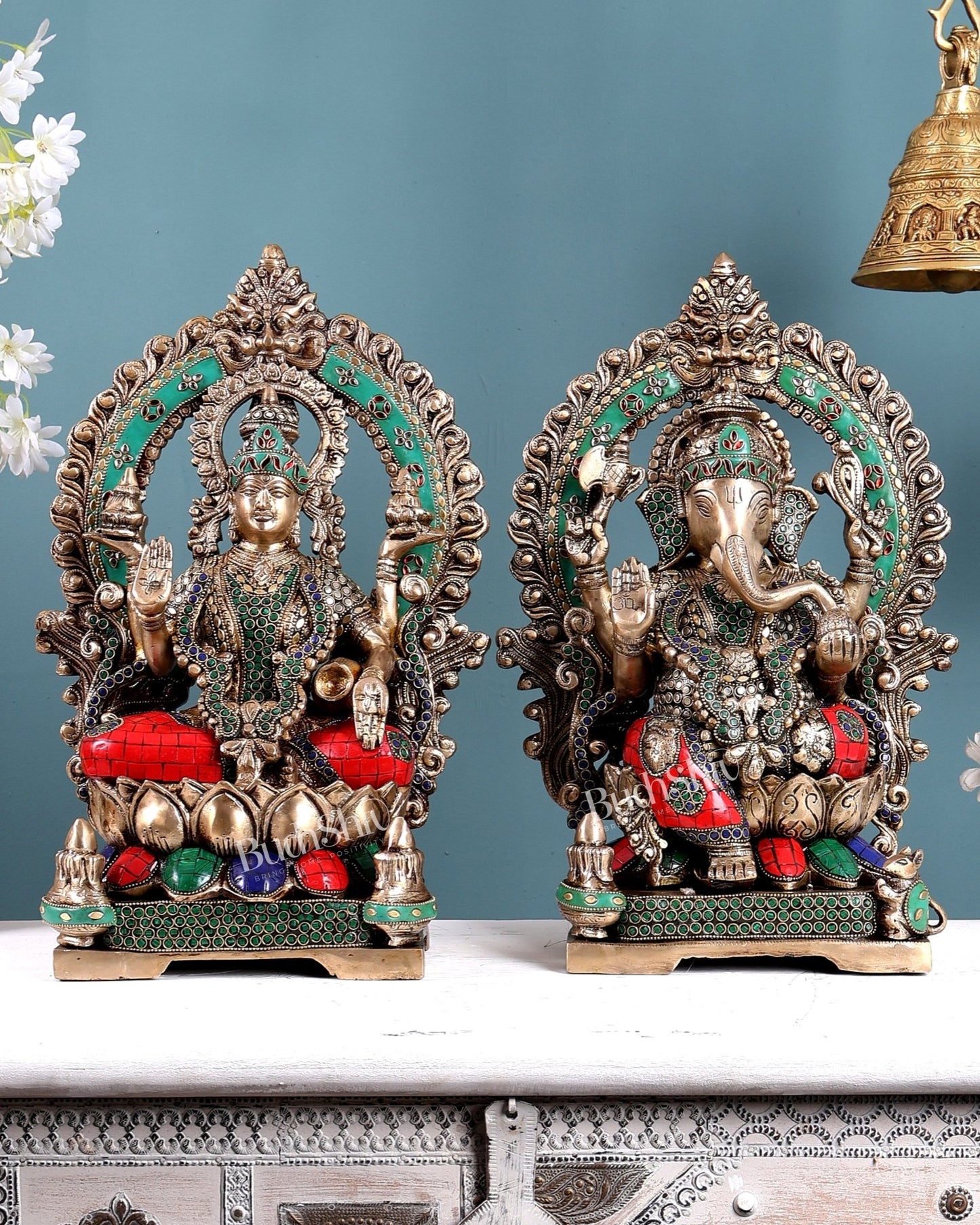 Lord Ganesha and Goddess Lakshmi Brass Statues - Height 18 inch with Stonework - Budhshiv.com