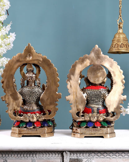 Lord Ganesha and Goddess Lakshmi Brass Statues - Height 18 inch with Stonework - Budhshiv.com