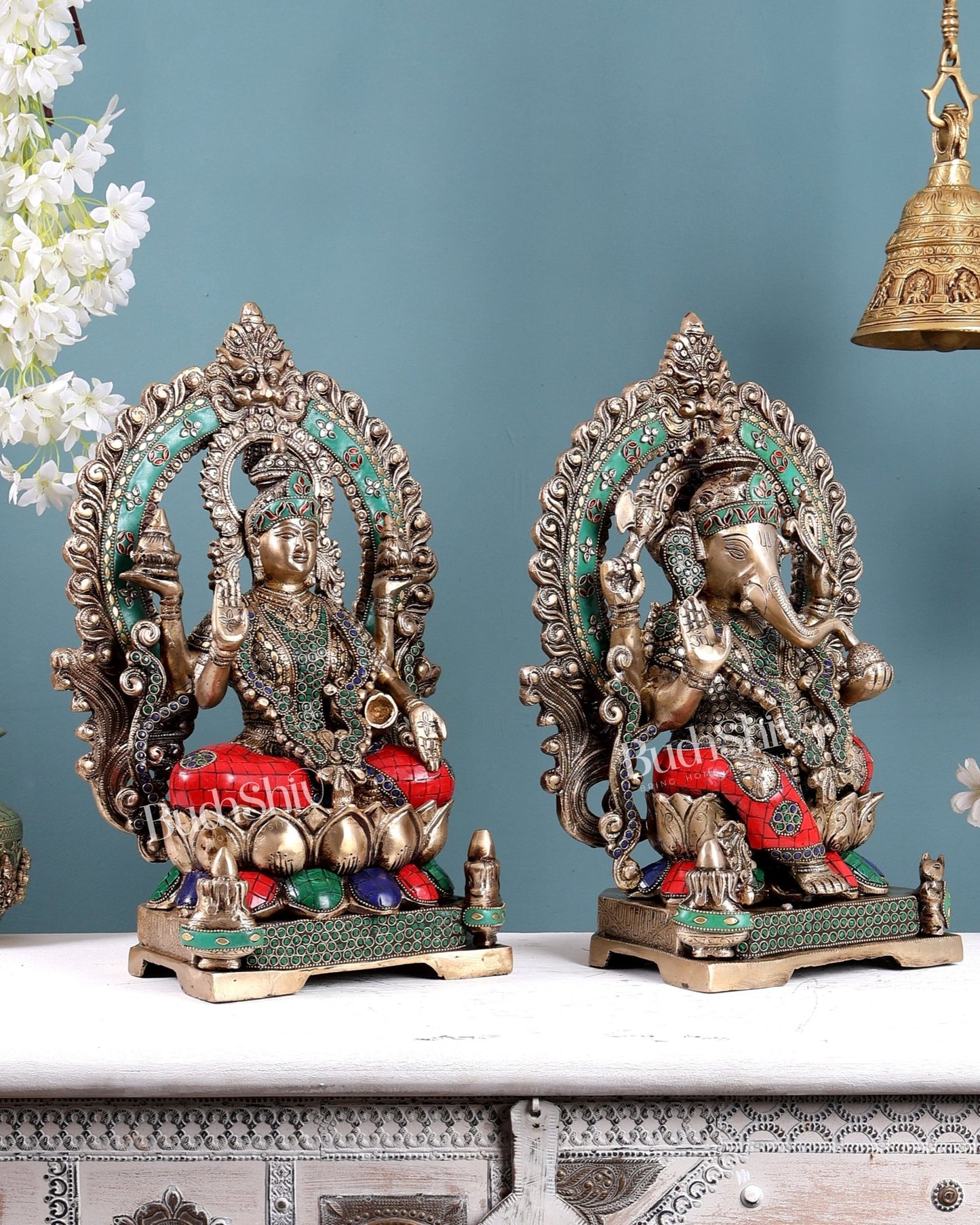 Lord Ganesha and Goddess Lakshmi Brass Statues - Height 18 inch with Stonework - Budhshiv.com