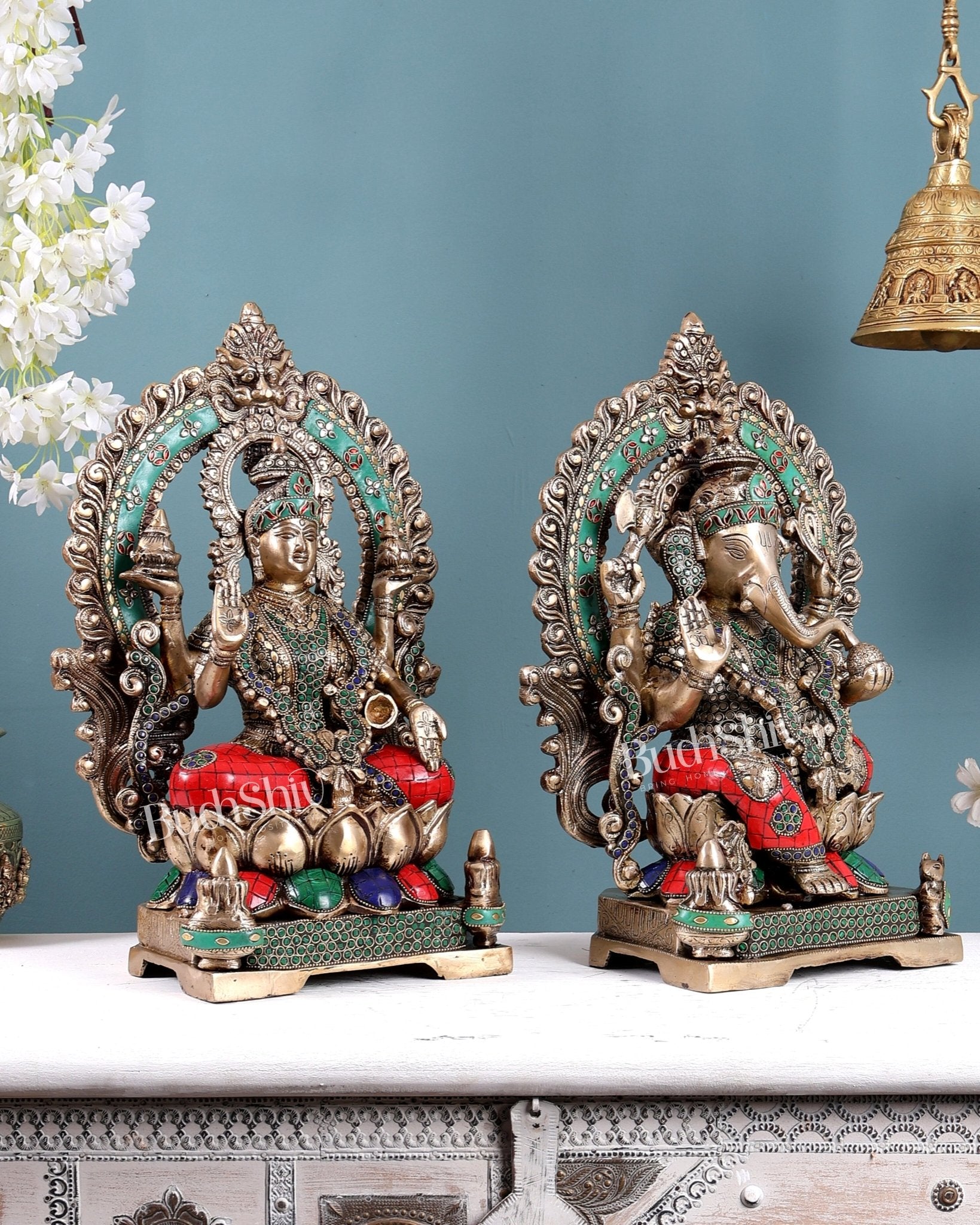 Lord Ganesha and Goddess Lakshmi Brass Statues - Height 18 inch with Stonework - Budhshiv.com