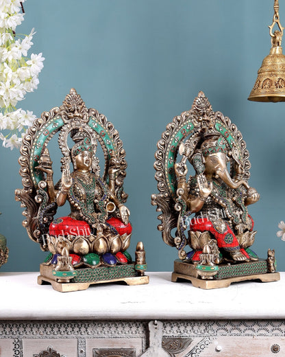 Lord Ganesha and Goddess Lakshmi Brass Statues - Height 18 inch with Stonework - Budhshiv.com