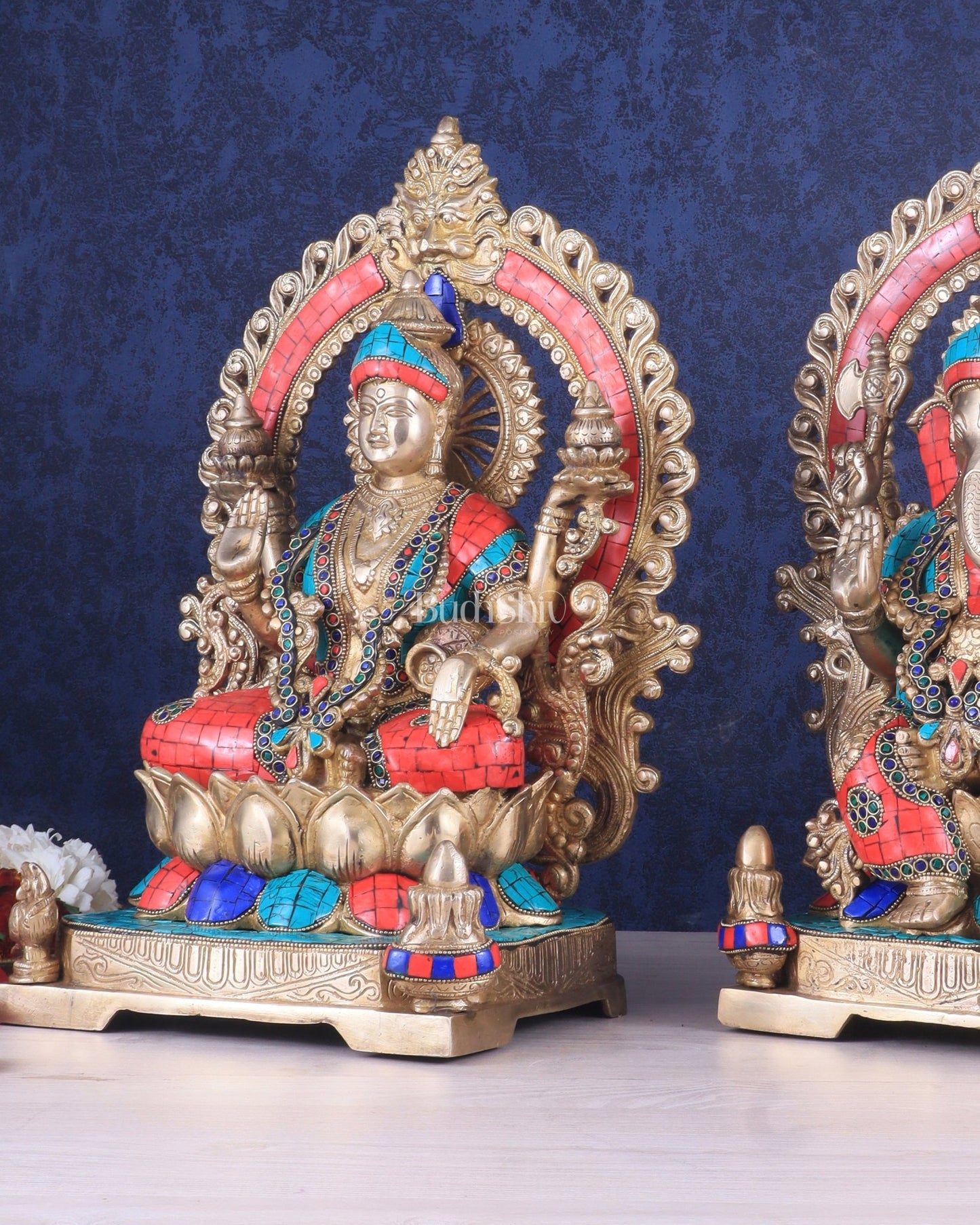 Lord Ganesha and Goddess Lakshmi Brass Statues - Height 18 inches - Budhshiv.com