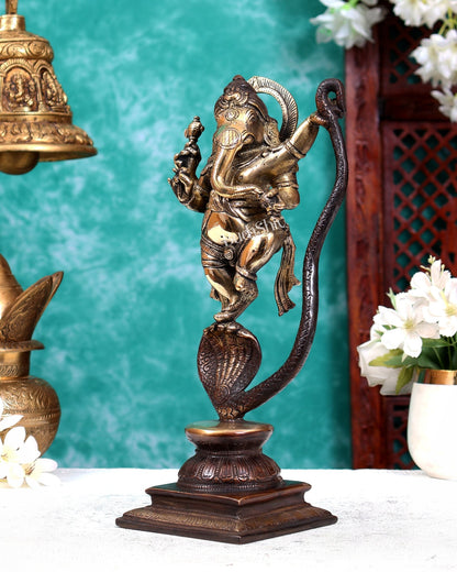 Lord Ganesha Dancing on Snake Brass Statue brown gold tone 11.5 inch - Budhshiv.com