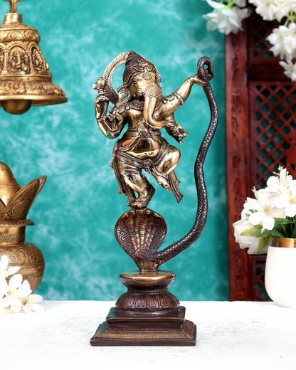 Lord Ganesha Dancing on Snake Brass Statue brown gold tone 11.5 inch - Budhshiv.com