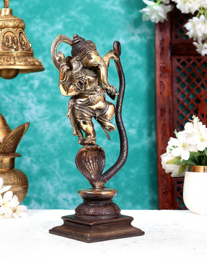 Lord Ganesha Dancing on Snake Brass Statue brown gold tone 11.5 inch - Budhshiv.com