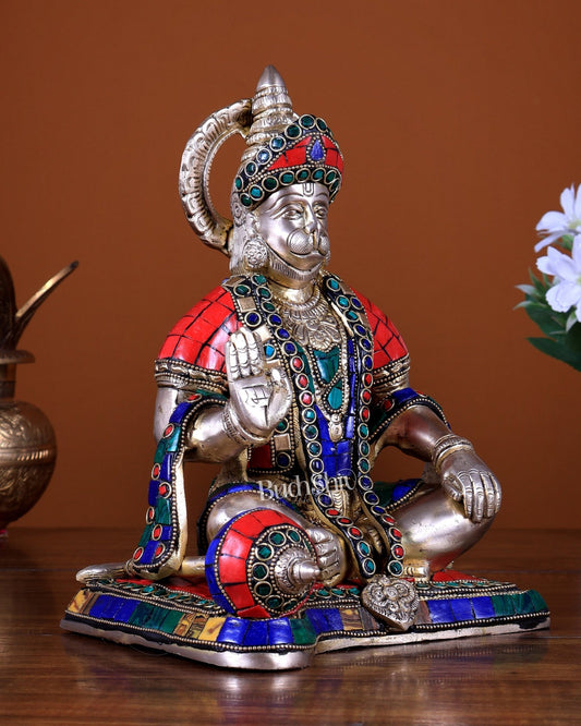 Lord Hanuman Brass Idol 9.5" Tall | Meenakari Stonework - Budhshiv.com