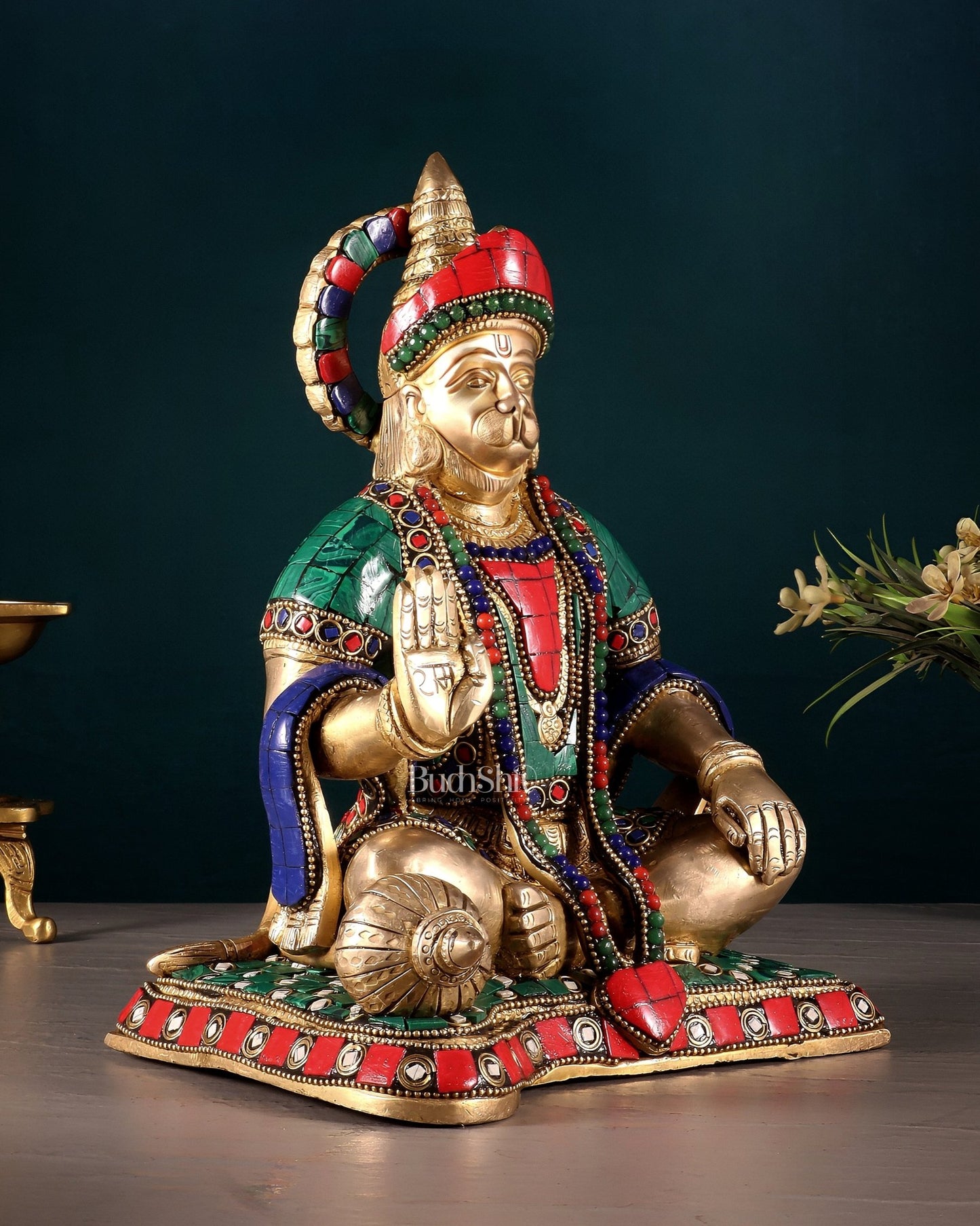 Lord Hanuman Brass Idol 9.5" Tall | Meenakari Stonework - Budhshiv.com