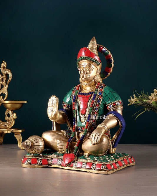 Lord Hanuman Brass Idol 9.5" Tall | Meenakari Stonework - Budhshiv.com