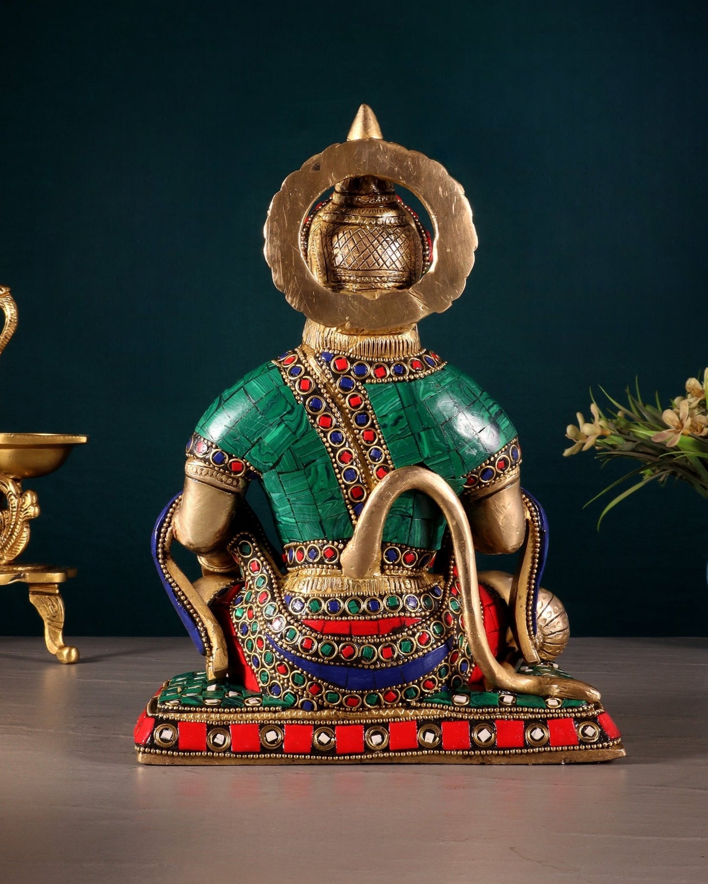 Lord Hanuman Brass Idol 9.5" Tall | Meenakari Stonework - Budhshiv.com