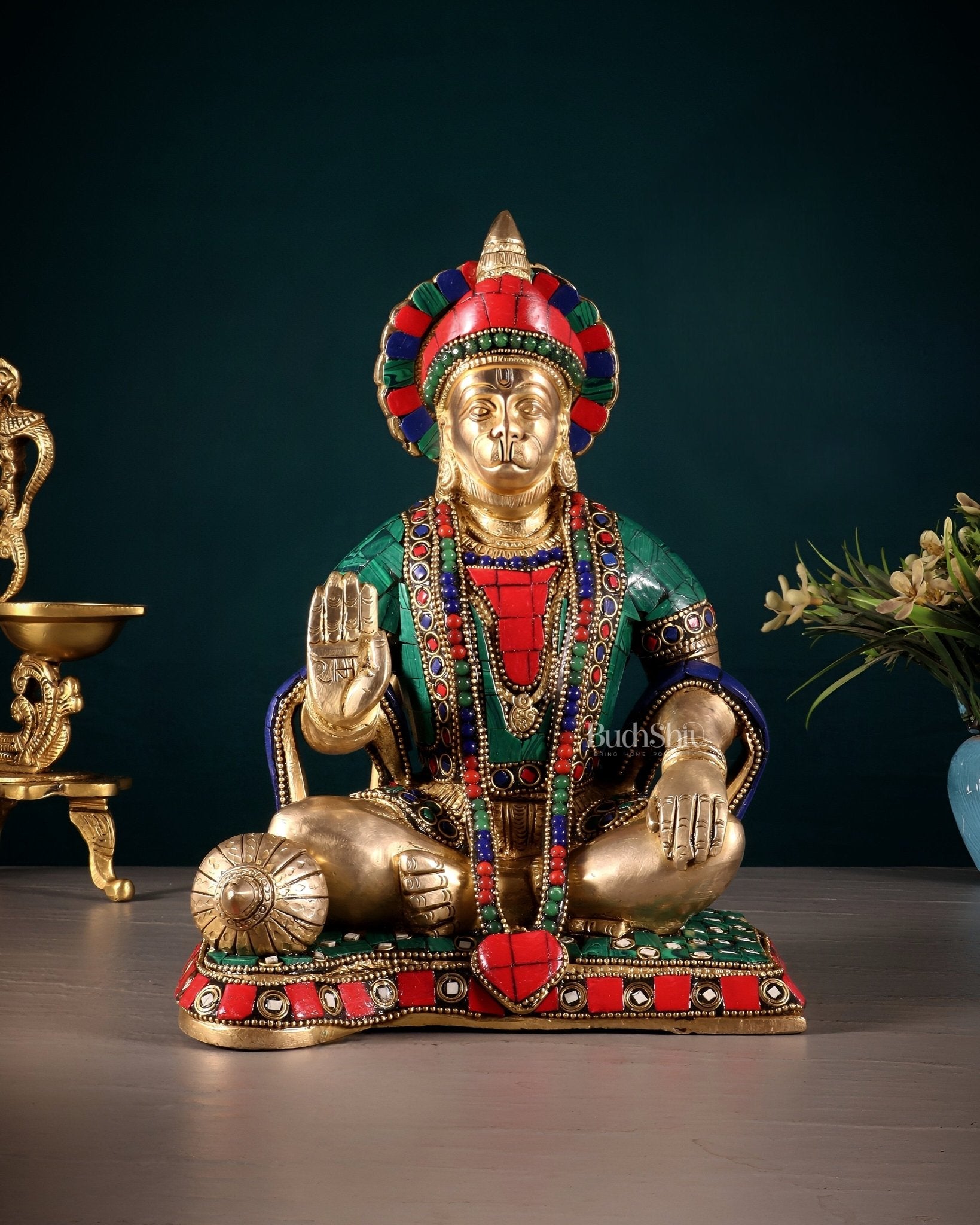 Lord Hanuman Brass Idol 9.5" Tall | Meenakari Stonework - Budhshiv.com