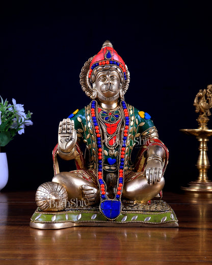 Lord Hanuman Brass Idol 9.5" with stonework - Budhshiv.com