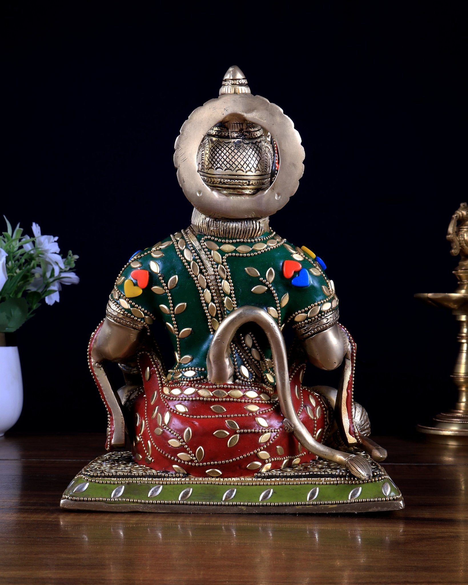 Lord Hanuman Brass Idol 9.5" with stonework - Budhshiv.com
