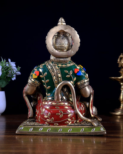 Lord Hanuman Brass Idol 9.5" with stonework - Budhshiv.com