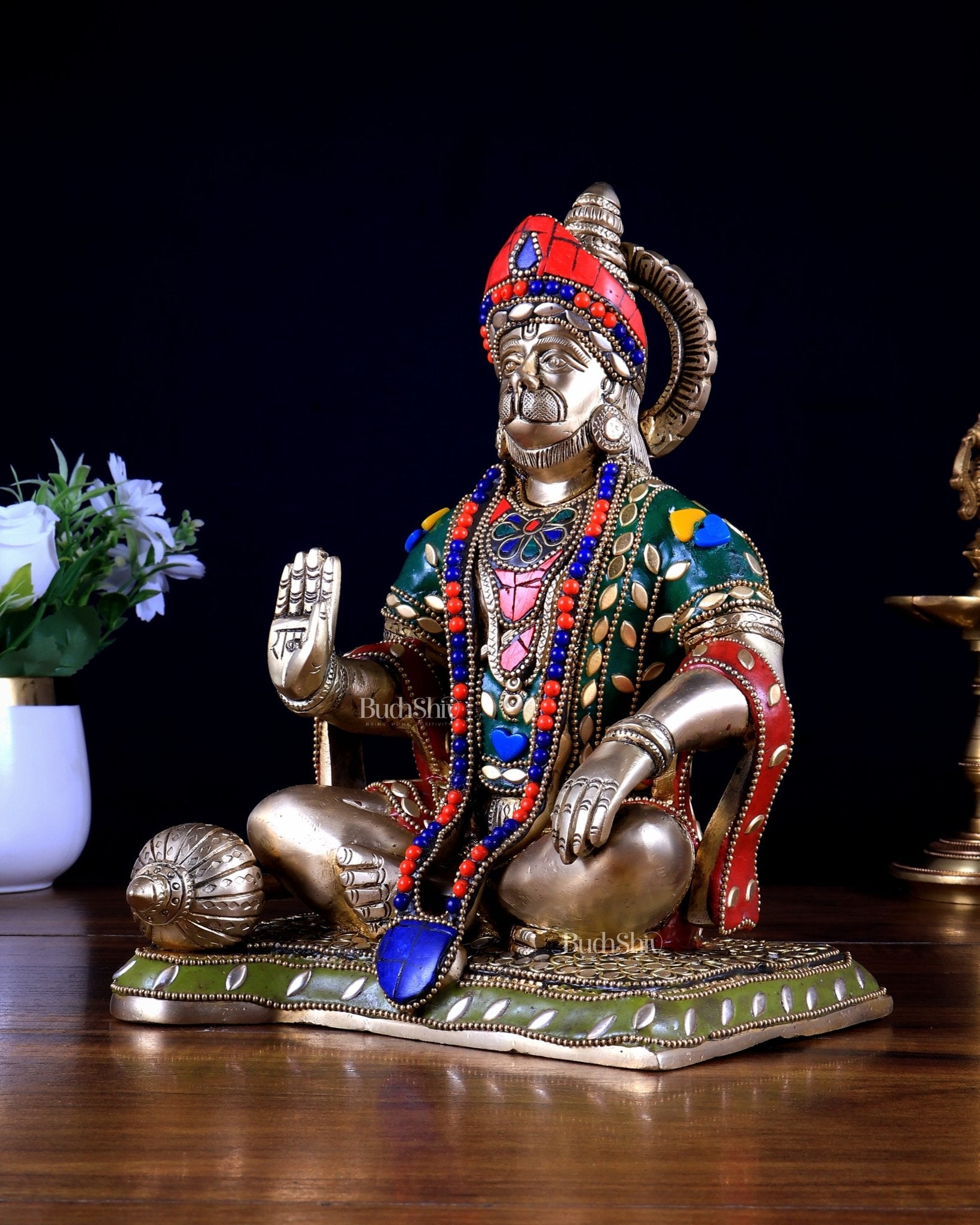 Lord Hanuman Brass Idol 9.5" with stonework - Budhshiv.com