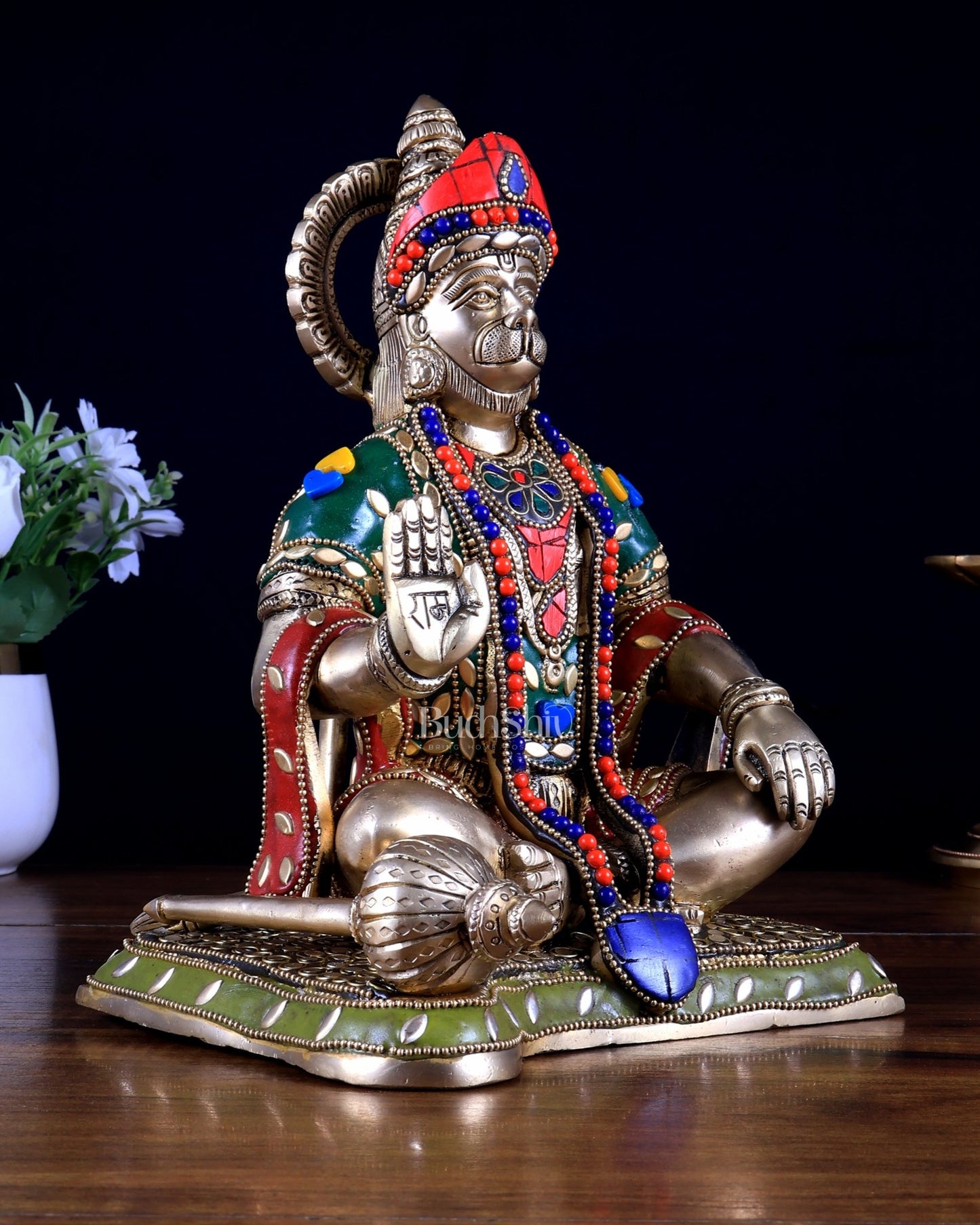 Lord Hanuman Brass Idol 9.5" with stonework - Budhshiv.com