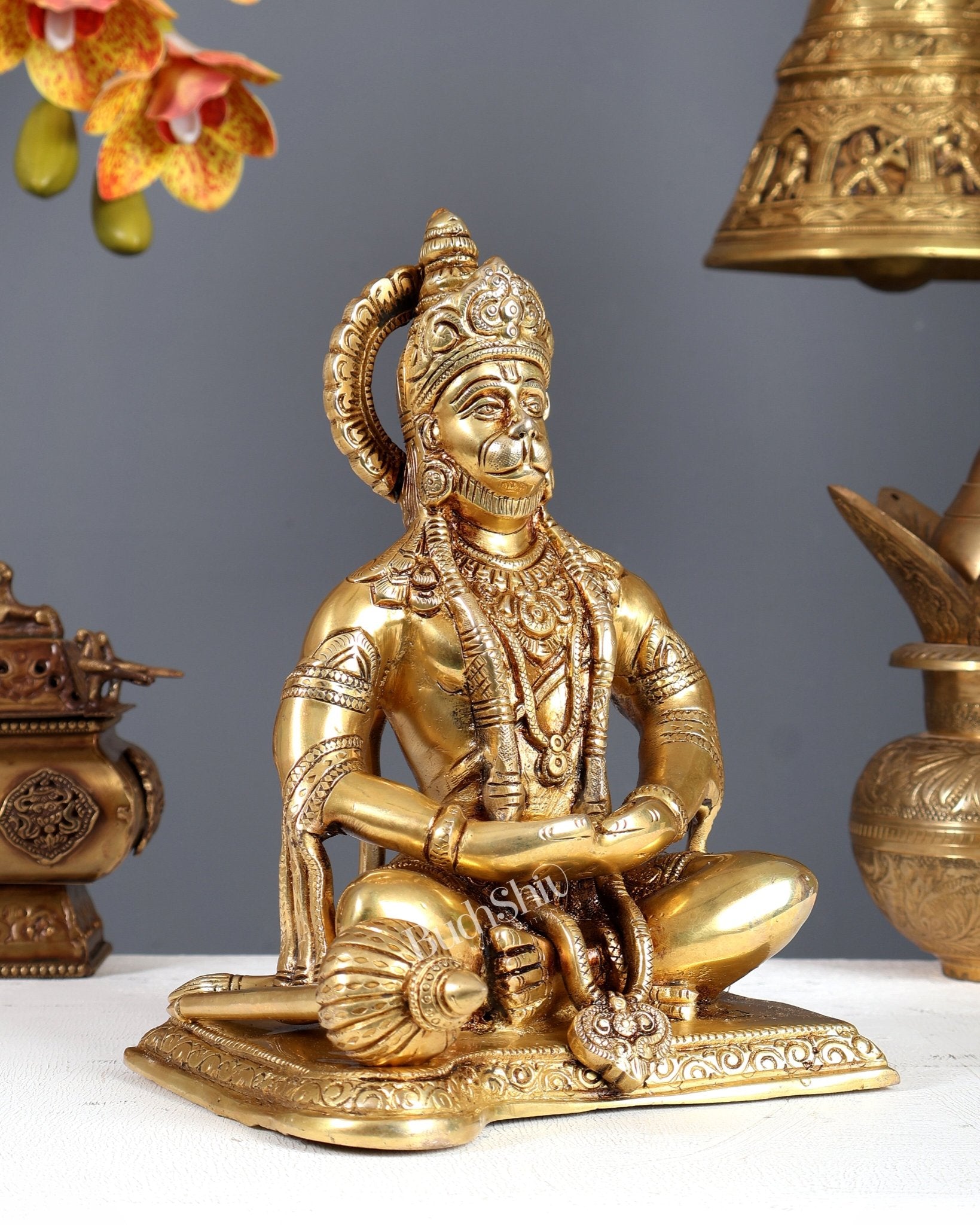 Lord Hanuman meditation Brass Idol 9.5" - Budhshiv.com