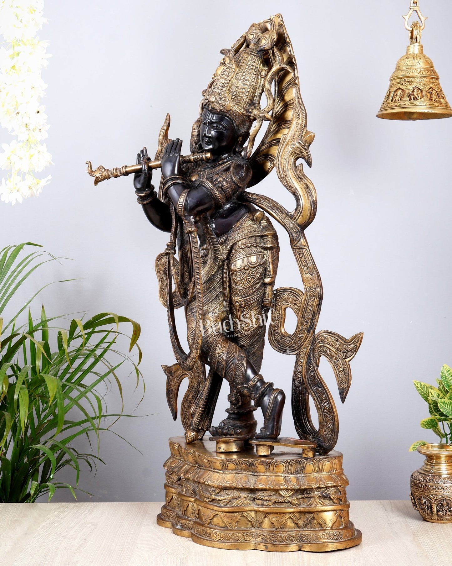 Lord Krishna Brass large Statue - 35 inch black tone - Budhshiv.com