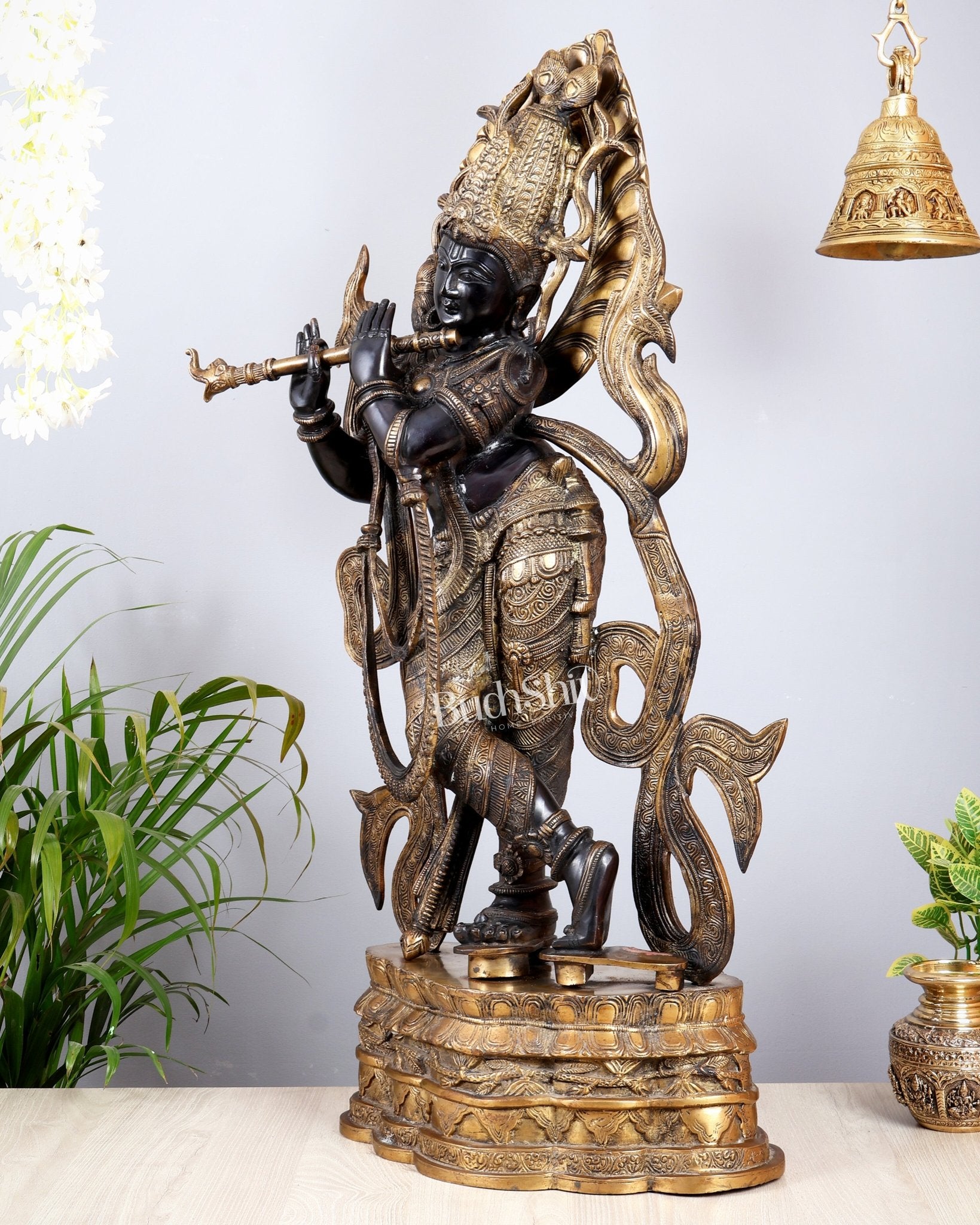 Lord Krishna Brass large Statue - 35 inch black tone - Budhshiv.com