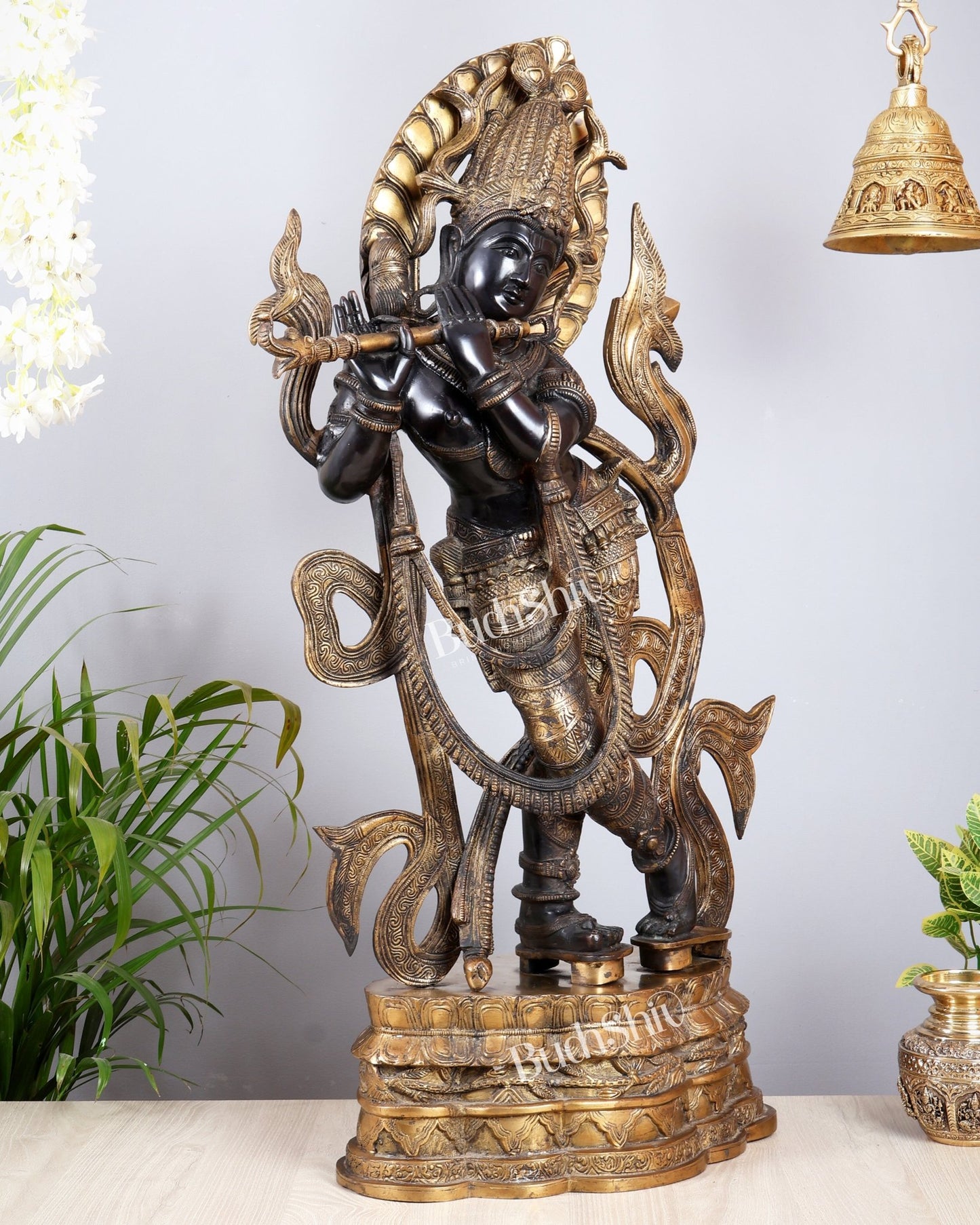 Lord Krishna Brass large Statue - 35 inch black tone - Budhshiv.com