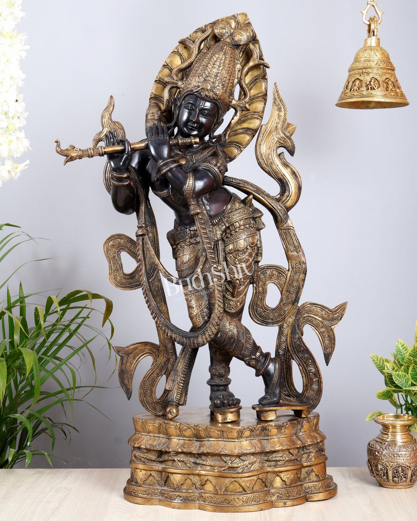 Lord Krishna Brass large Statue - 35 inch black tone - Budhshiv.com
