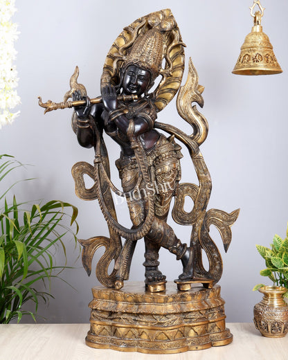 Lord Krishna Brass large Statue - 35 inch black tone - Budhshiv.com
