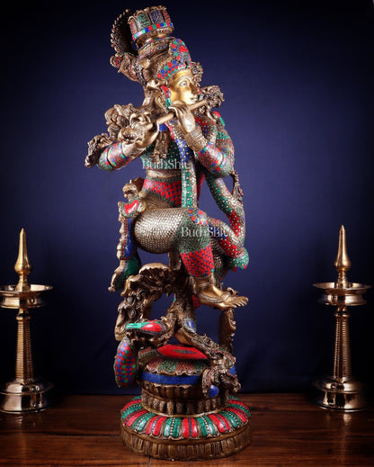 Lord Krishna Brass statue - 46 inch/3.75 feet large - Budhshiv.com