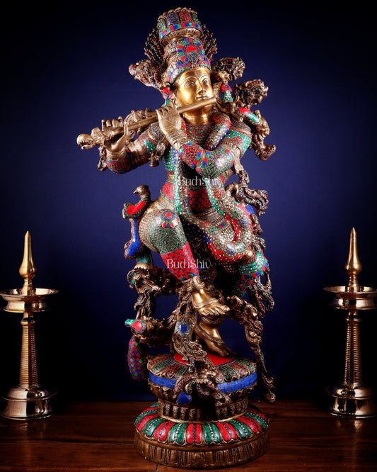 Lord Krishna Brass statue - 46 inch/3.75 feet large - Budhshiv.com