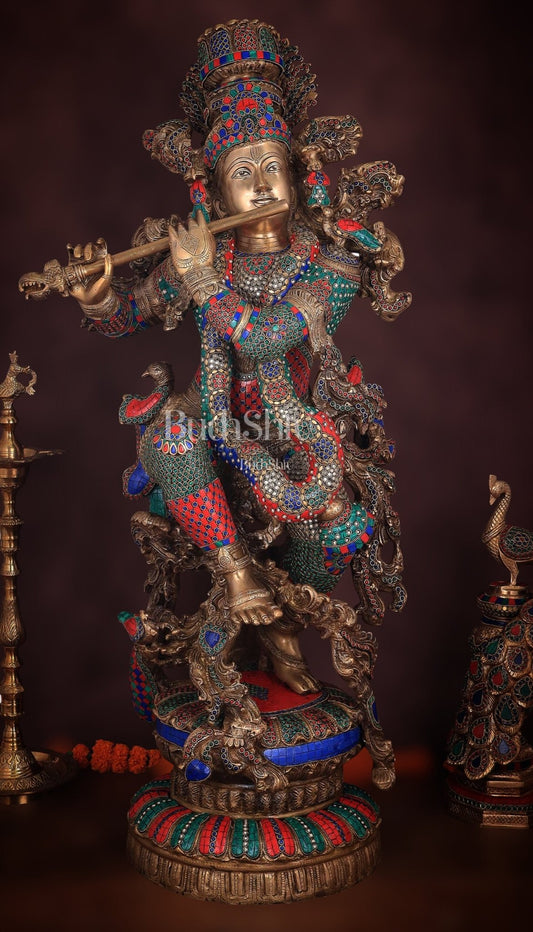 Lord Krishna Brass statue large size meenakari - 43 inch/3.75 feet - Budhshiv.com