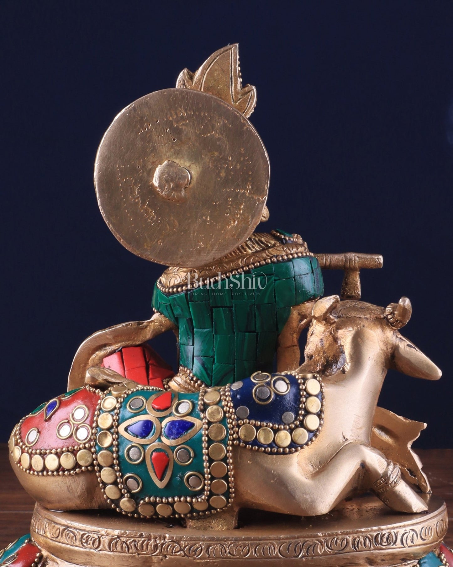 Lord krishna seated with cow brass idol with stonework 7.5 inch stonework - Budhshiv.com