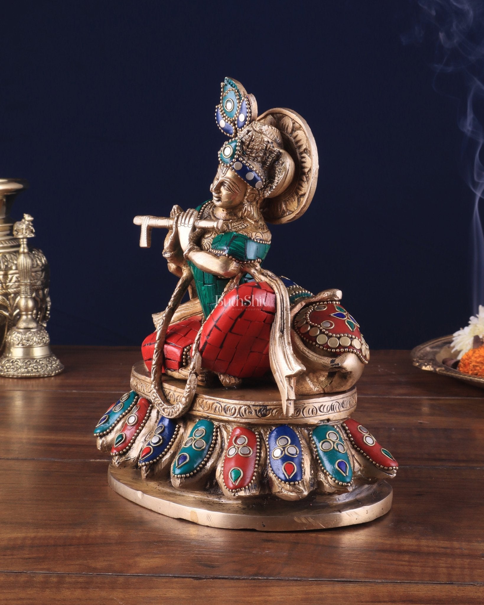 Lord krishna seated with cow brass idol with stonework 7.5 inch stonework - Budhshiv.com