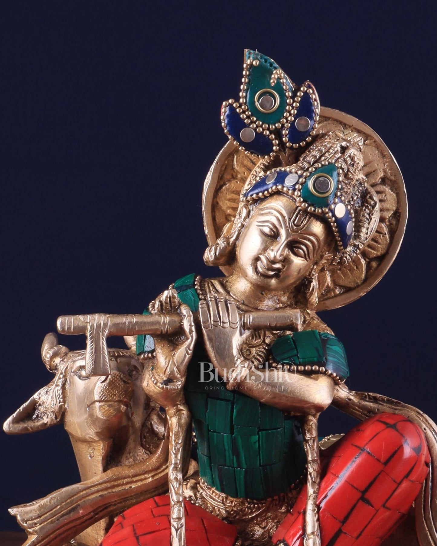 Lord krishna seated with cow brass idol with stonework 7.5 inch stonework - Budhshiv.com