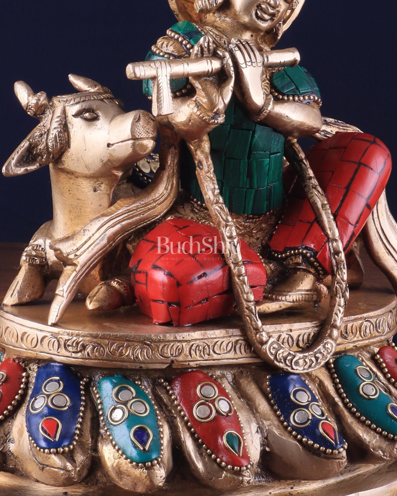 Lord krishna seated with cow brass idol with stonework 7.5 inch stonework - Budhshiv.com