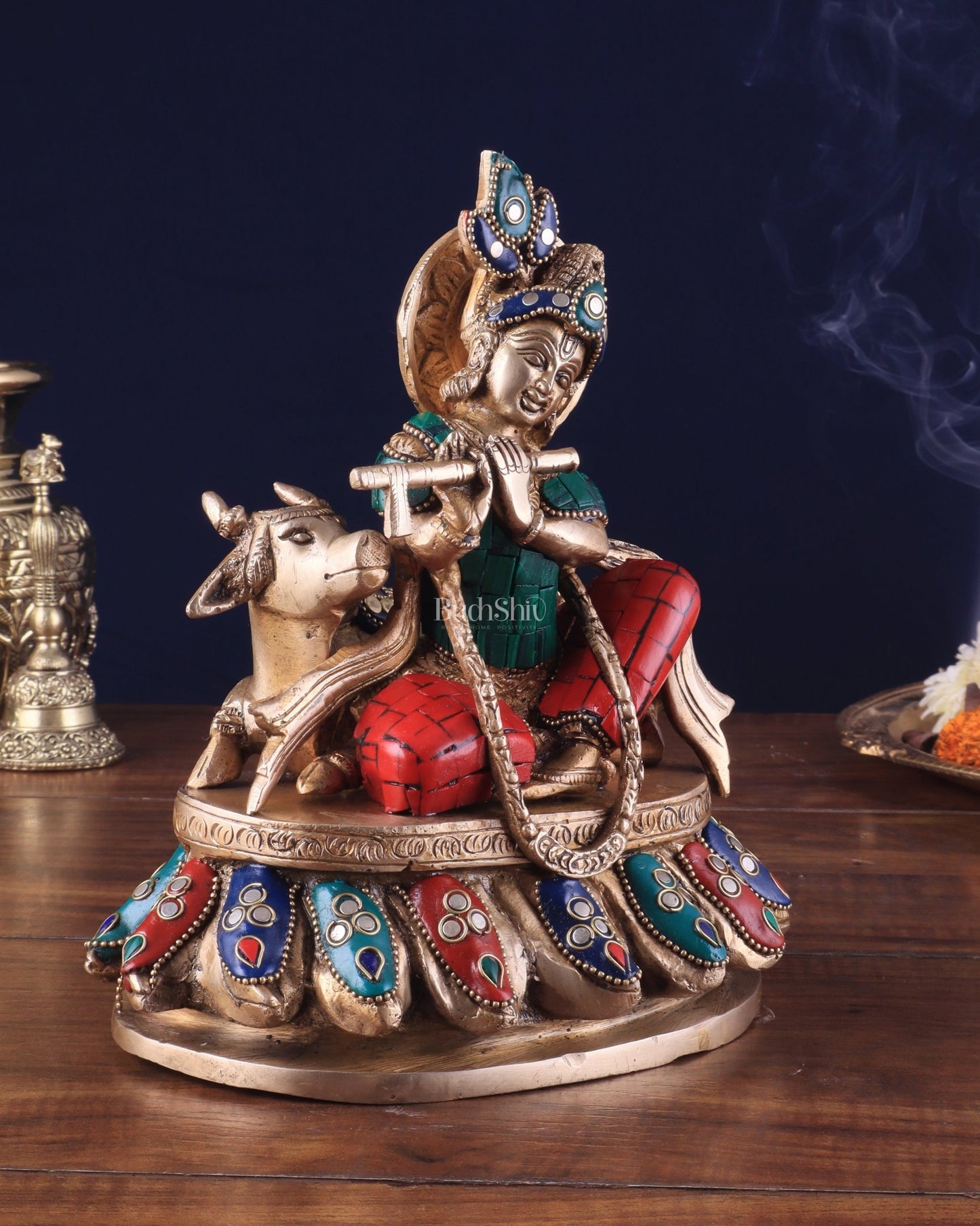 Lord krishna seated with cow brass idol with stonework 7.5 inch stonework - Budhshiv.com