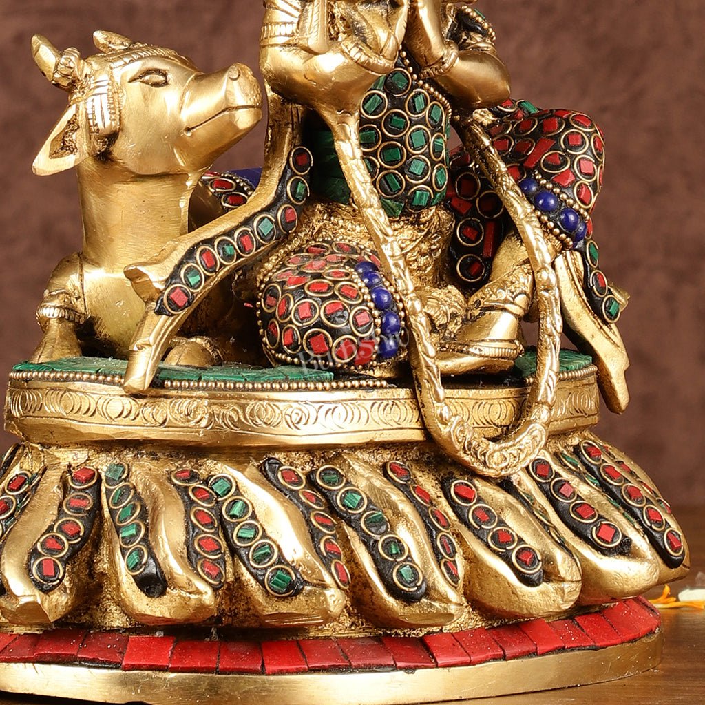 Lord krishna seated with cow brass idol with stonework 7.5 inch - Budhshiv.com