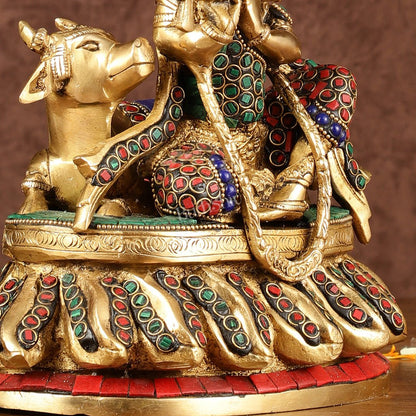 Lord krishna seated with cow brass idol with stonework 7.5 inch - Budhshiv.com