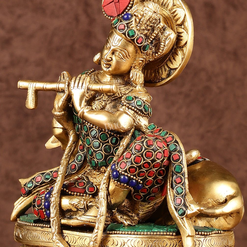 Lord krishna seated with cow brass idol with stonework 7.5 inch - Budhshiv.com