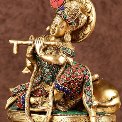 Lord krishna seated with cow brass idol with stonework 7.5 inch - Budhshiv.com