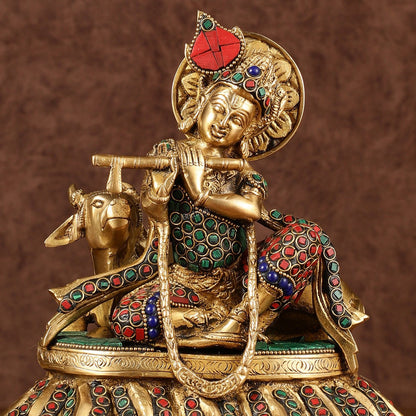Lord krishna seated with cow brass idol with stonework 7.5 inch - Budhshiv.com