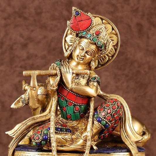Lord krishna seated with cow brass idol with stonework 7.5 inch - Budhshiv.com