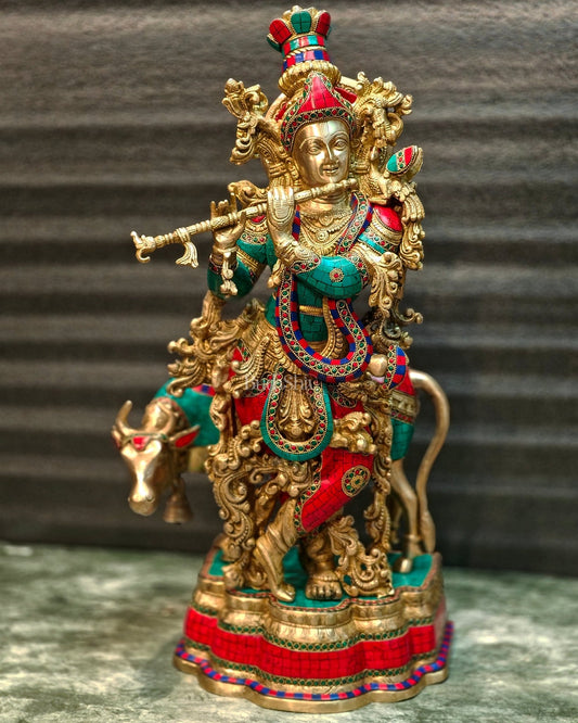 Lord Krishna with Cow Brass Idol - Meenakari Adornments, 26.5" Tall, 26kg - Budhshiv.com