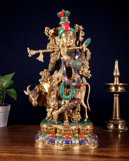Lord Krishna with Cow Brass Statue - 17" Exquisite Sculpture - Budhshiv.com