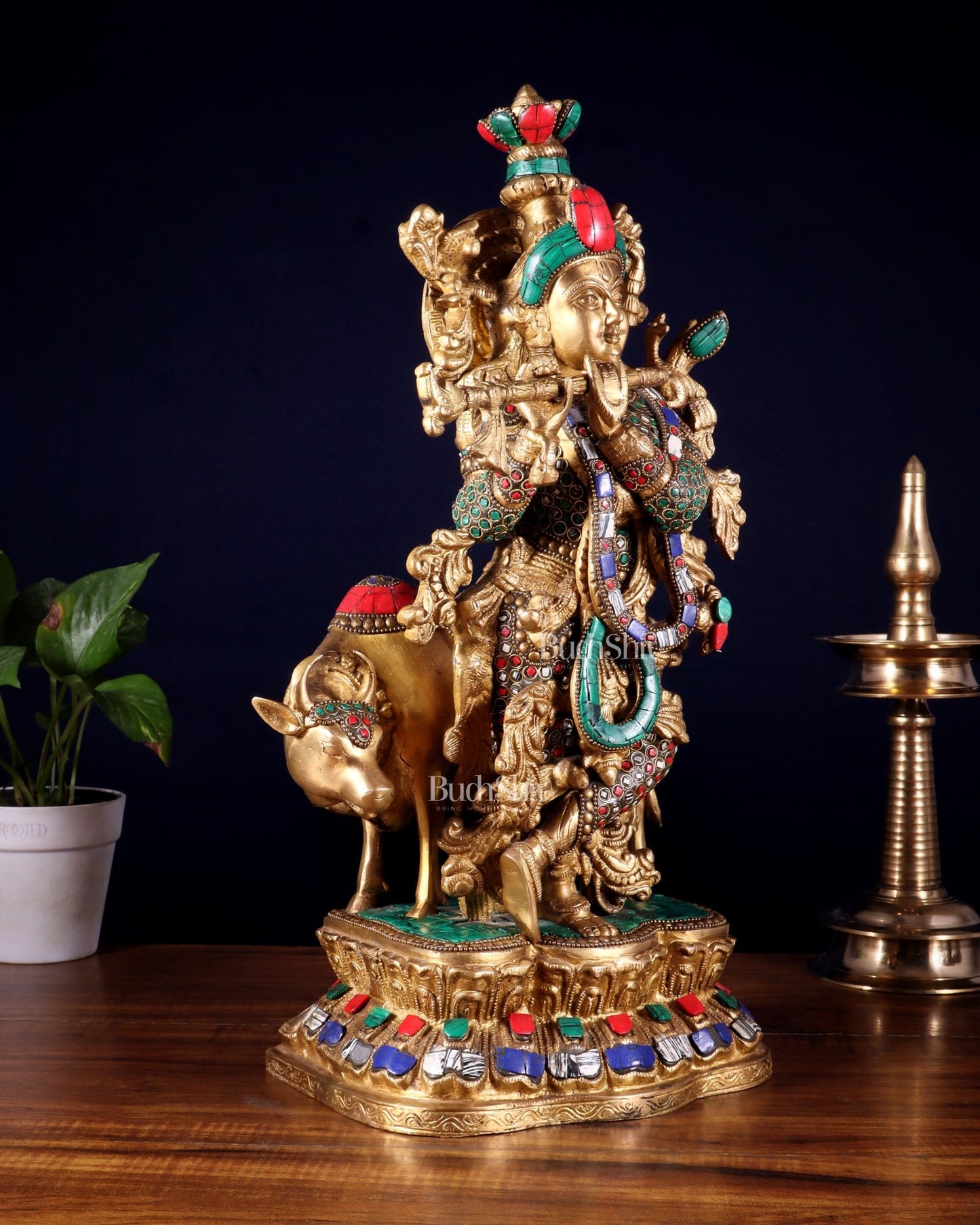 Lord Krishna with Cow Brass Statue - 17" Exquisite Sculpture - Budhshiv.com