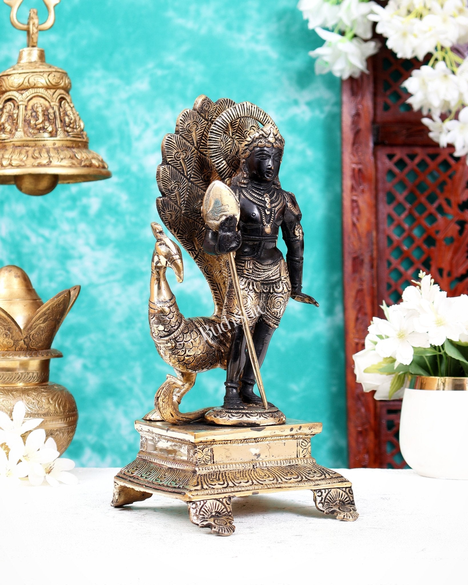 Lord Murugan Kartikeya Kumaraswamy Brass Statue 12 inch black tone - Budhshiv.com