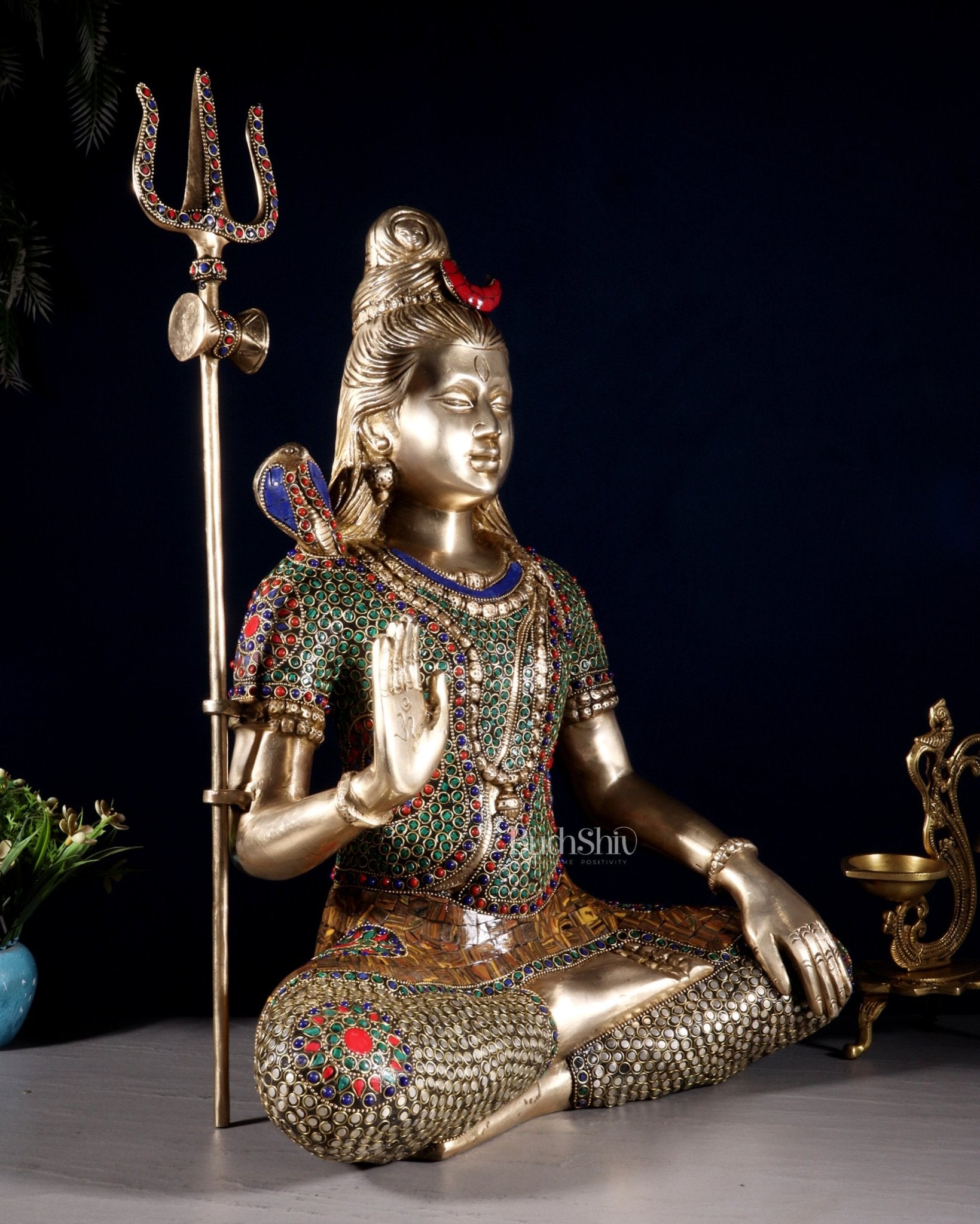 Lord Shiva Brass Idol 20 inch with stonework - Budhshiv.com