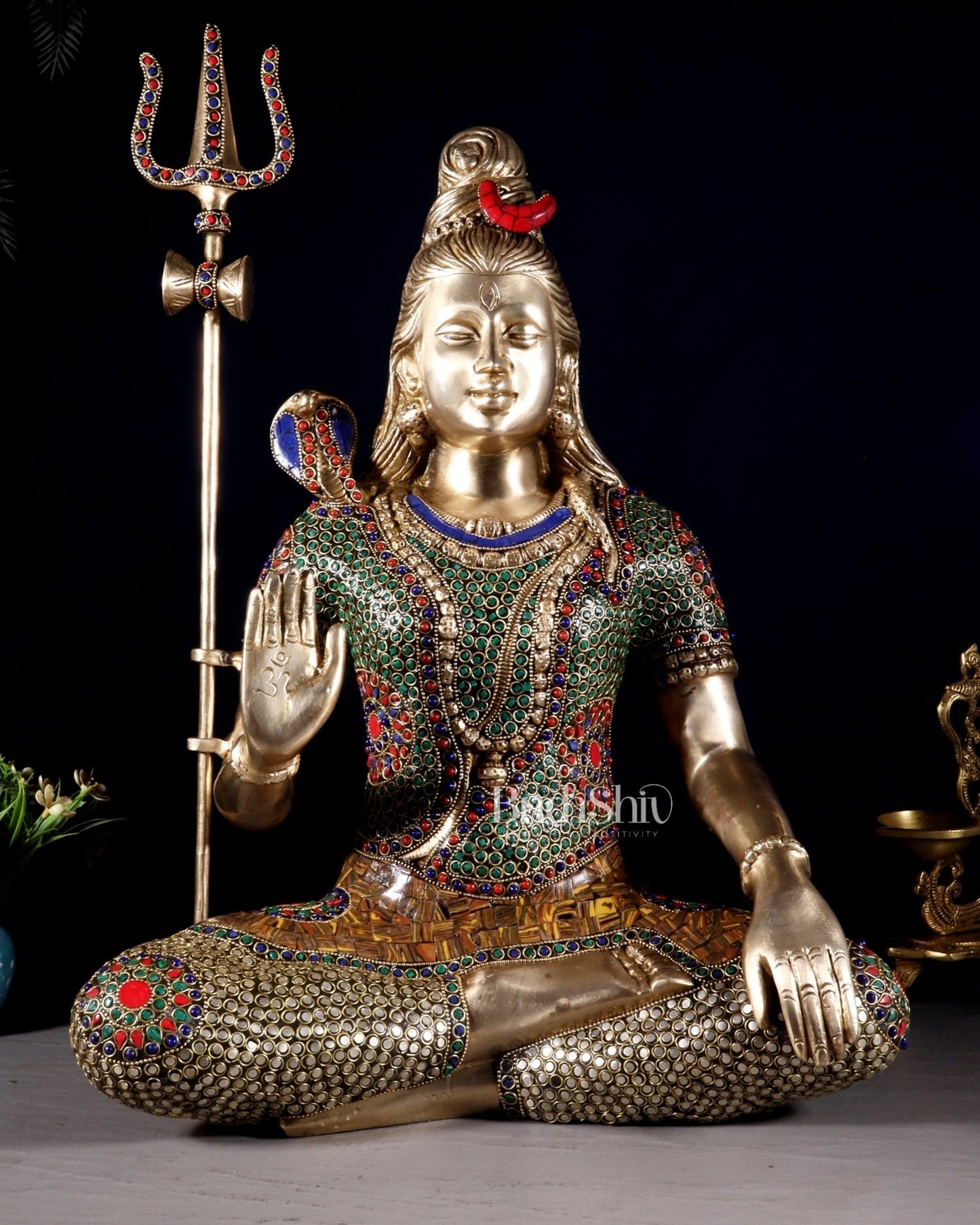 Lord Shiva Brass Idol 20 inch with stonework - Budhshiv.com
