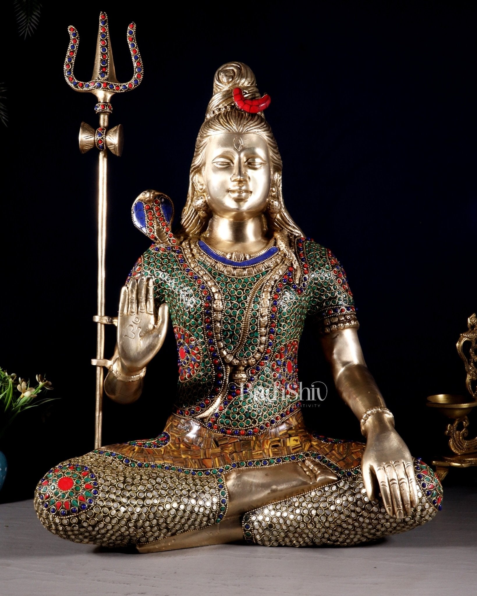 Lord Shiva Brass Idol 20 inch with stonework - Budhshiv.com