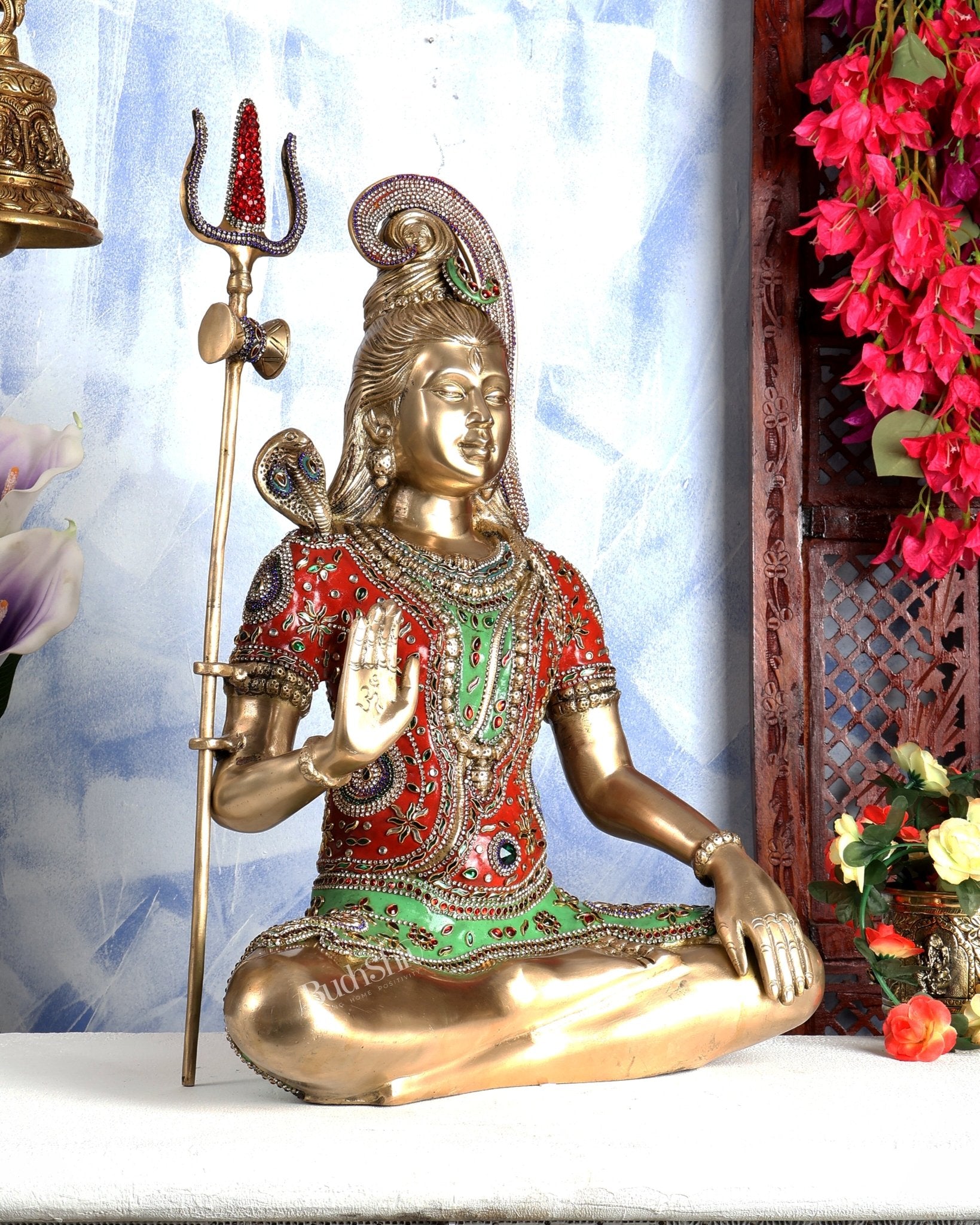 Lord Shiva Brass Idol gangadhar - 20 inch with meenakari Stonework - Budhshiv.com