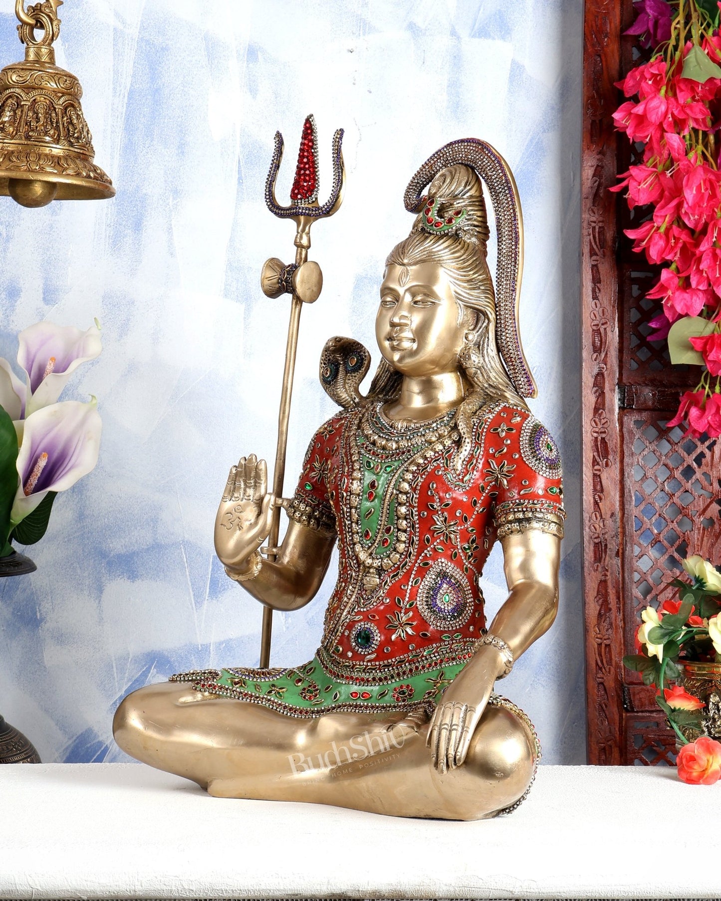 Lord Shiva Brass Idol gangadhar - 20 inch with meenakari Stonework - Budhshiv.com