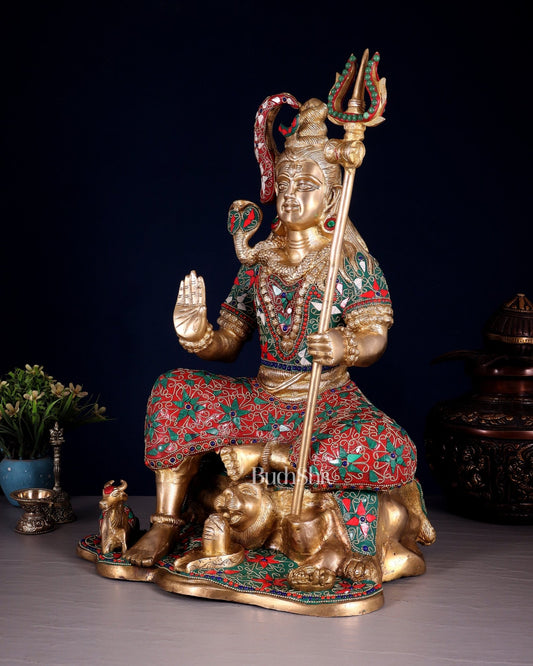 Lord Shiva Brass Statue with Stonework - 18" - Budhshiv.com