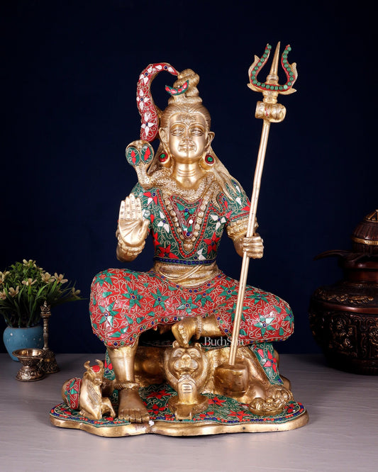 Lord Shiva Brass Statue with Stonework - 18" - Budhshiv.com
